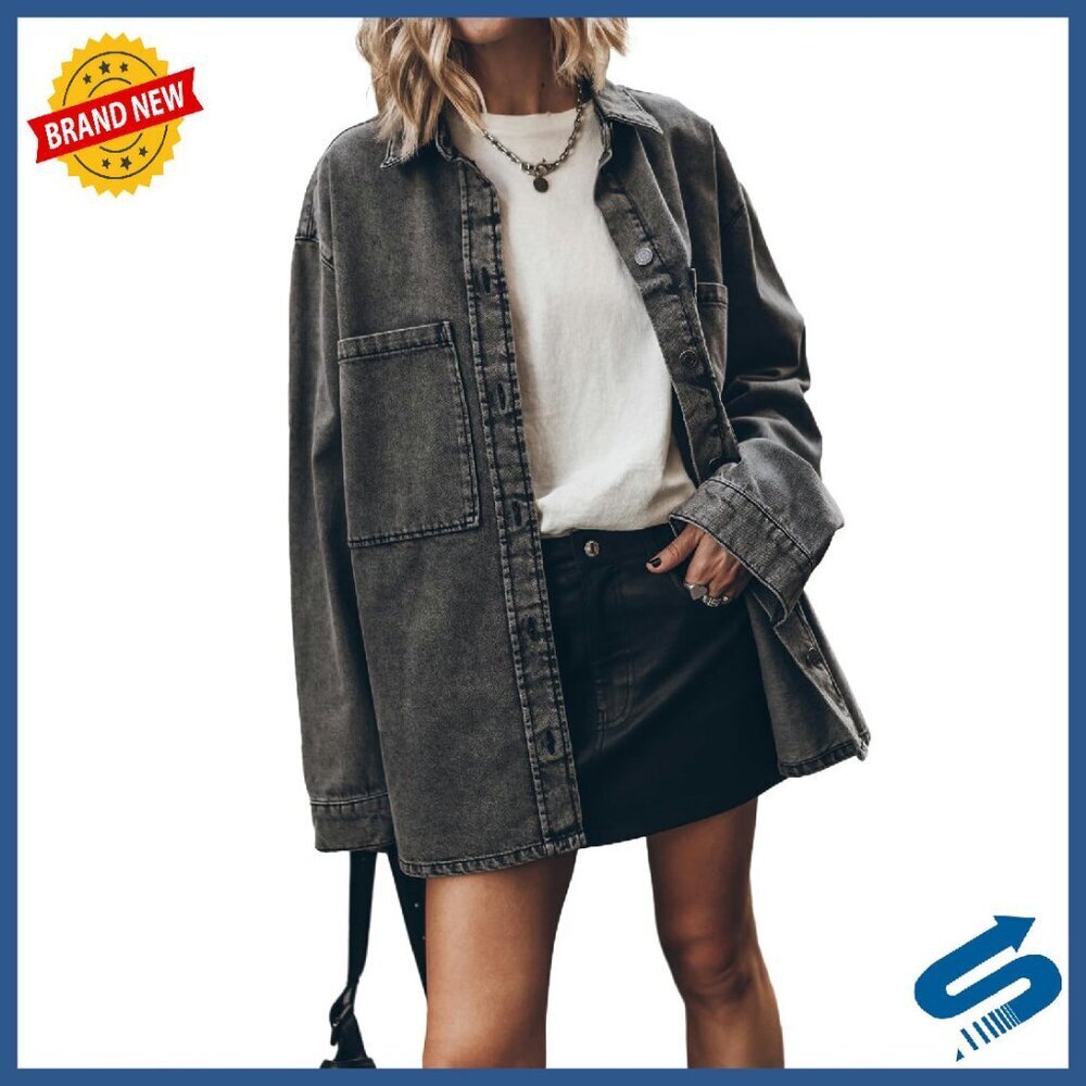 Oversized Denim Jacket Women's Button Up Long Sleeve Casual Coat